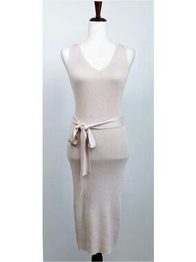 Active USA Neutral Beige Rib Knit Bodycon Belted V-Neck Sleeveless Midi Dress